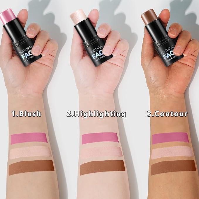 3Pcs Cream Contour Stick Makeup Kit, Shades with Highlighter, Blush and Bronzer Contour Stick for Sculpt the Cheeks, Long Lasting, Waterproof, Matte & Dewy Finish LIGHT MEDIUM(2+5+6)