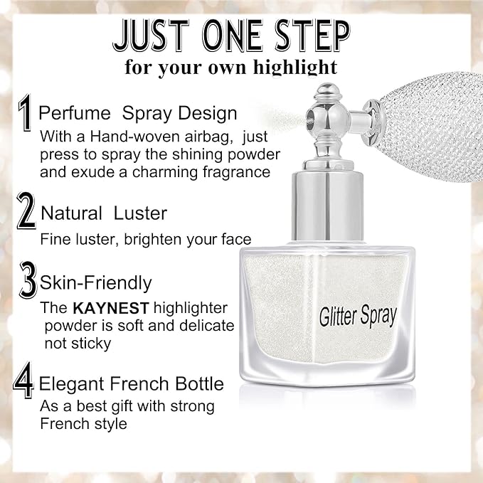 Shimmering Spray Powder Sparkle Powder, Body Glitter Face High Gloss Spray Highlighter Loose Makeup for Women Hair Nails Makeup (7#Pearl White)