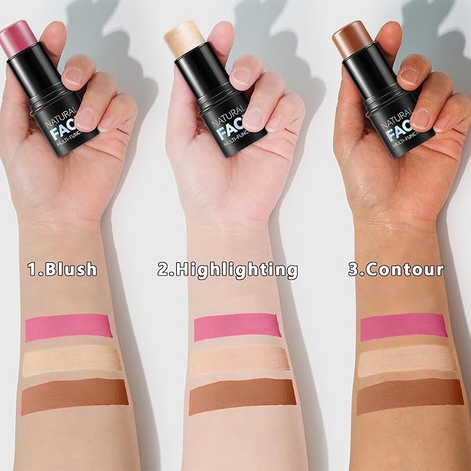 3Pcs Cream Contour Stick Makeup Kit, Shades with Highlighter, Blush and Bronzer Contour Stick for Sculpt the Cheeks, Long Lasting, Waterproof, Matte & Dewy Finish LIGHT FAIR(8+10+12)