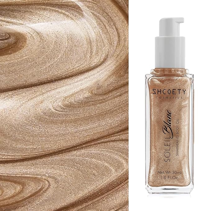 Shimmer Body Oil with Brush, Portable Long Lasting Body Glow Oil for Body & Face, Waterproof & Natural Moisturizing Liquid Highlighter Makeup for All Skin, Travel, Wedding, Party, Rose Gold