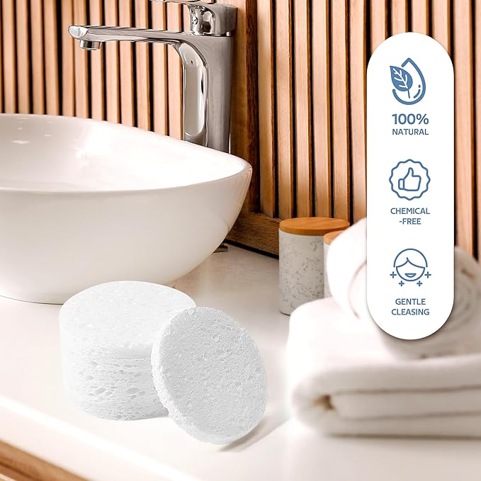 50-Count Compressed Facial Sponges, GAINWELL White Cellulose 100% Natural Cosmetic Spa Sponges for Facial Cleansing, Exfoliating Mask, Makeup Removal