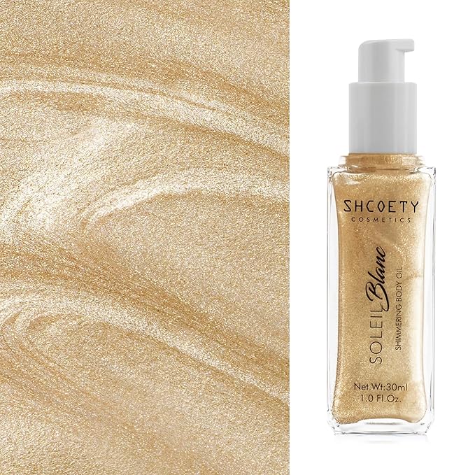 Shimmer Body Oil with Brush, Portable Long Lasting Body Glow Oil for Body & Face, Waterproof & Natural Moisturizing Liquid Highlighter Makeup for All Skin, Travel, Wedding, Party, Light Gold