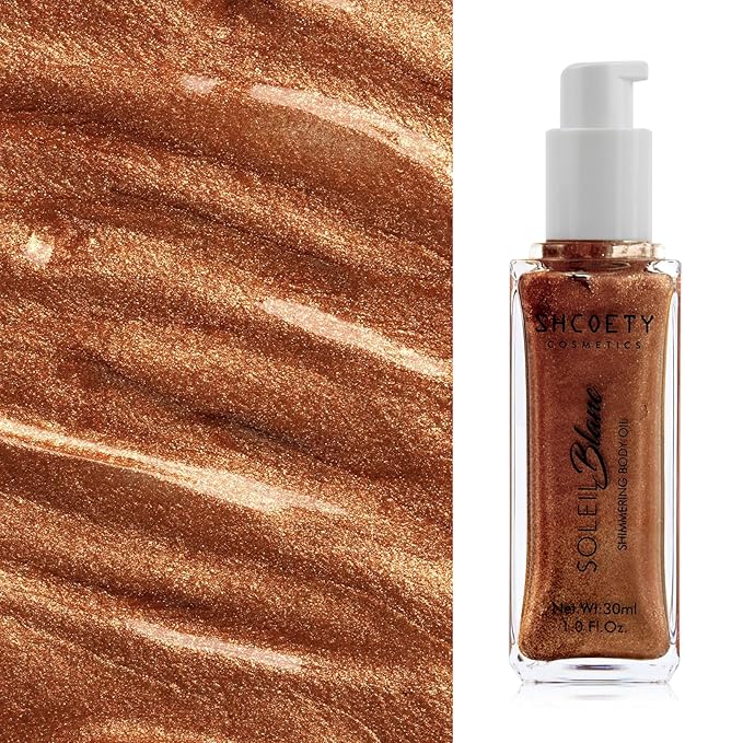 Shimmer Body Oil with Brush, Portable Long Lasting Body Glow Oil for Body & Face, Waterproof & Natural Moisturizing Liquid Highlighter Makeup for All Skin, Travel, Wedding, Party, Bronze Gold