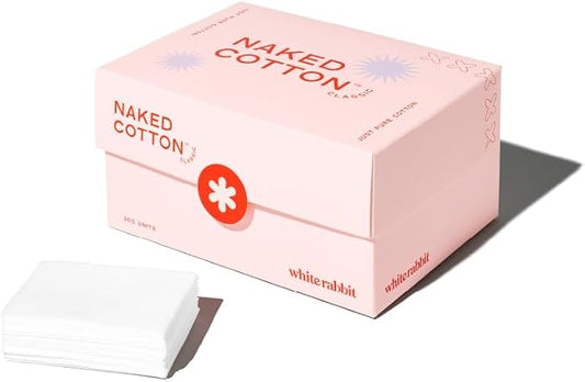 White Rabbit – Naked Cotton Classic – Premium 100% Cotton Pads for Toner Use, Makeup Remover, and Masks | Unbleached, Lint-Free, Extra Soft | Korean Skin Care Product (200 Count)