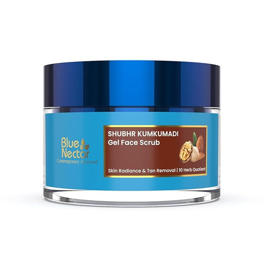 Blue Nectar Kumkumadi Gel Scrub | Non-Drying Face Scrub for Glowing Skin and Tan Removal | Plant Based Vitamin E | with Almond, Turmeric and Walnut, (10 Herbs, 1.76 fl oz)
