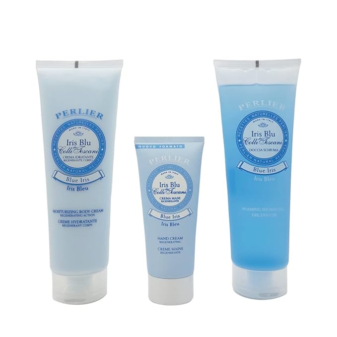 Perlier – Blue Iris Body Care Trio Gift Set, Shower Gel 8.4 oz + Body Cream 8.4 oz + Hand Cream 3.3 oz, Hydrating Formula, Soft and Silky Skin, Floral Scent, Made in Italy, Beauty Gift Set