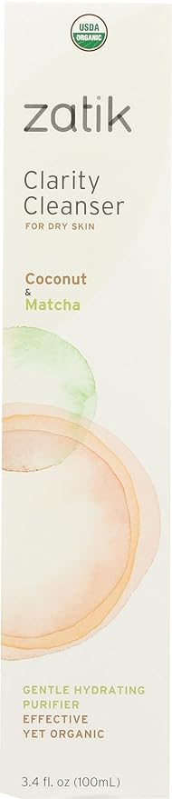 Zatik Naturals - Clarity Cleanser - with Coconut Milk and Matcha - USDA Organic, for Dry Skin, Vegan Non-GMO, Free of Gluten, Soy and Alcohol, pH Balanced, Biodegradable, 3.4 fl oz (100 mL)