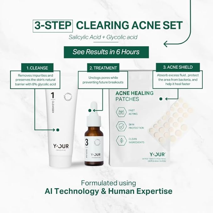 Y’OUR Essential 3-Step Acne Kit: Purifying Cleanser, Anti-Acne Serum & Healing Patches; Pimple Clearing, Pore Minimizing Skincare Routine. Made in USA. Suitable for All Skin Types. Holiday Gift Bundle