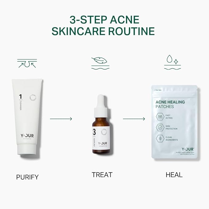 Y’OUR Essential 3-Step Acne Kit: Purifying Cleanser, Anti-Acne Serum & Healing Patches; Pimple Clearing, Pore Minimizing Skincare Routine. Made in USA. Suitable for All Skin Types. Holiday Gift Bundle