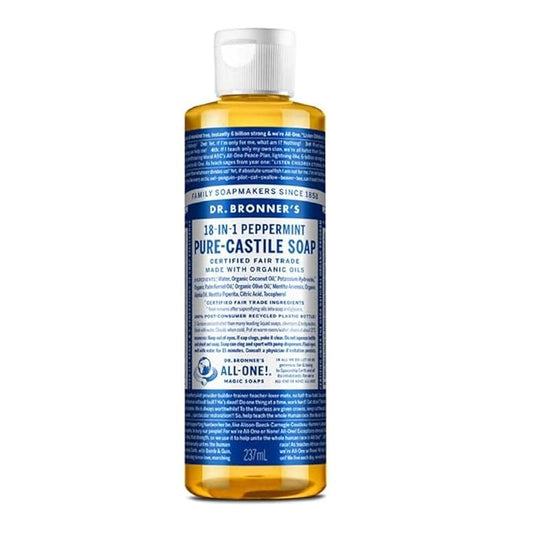 Dr. Bronner's Pure-Castile Magic Liquid Soap (Peppermint, 8 Ounce)- Made with Organic Oils, 18-in1 Uses: Face, Hair, Hand & Body Soap, Laundry, Pets- Concentrated, Vegan, Non-GMO