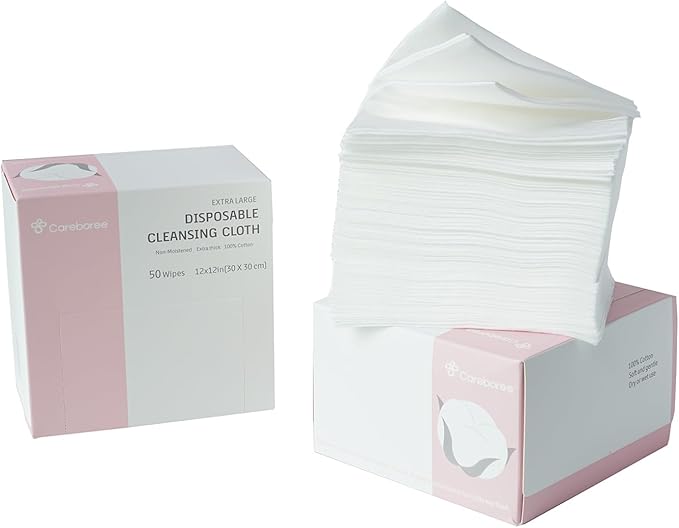 Upgraded Careboree Extra Thick Face Cloth Facial Cleansing Wipes 2 Pack Extra Large Dry Wipes Makeup Remover Cloth Clean Towels Size XL 12"×12" Non-Moistened Disposable Face Towel