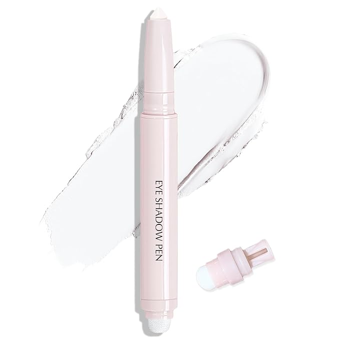White Eyeshadow Stick, Matte Cream Eyeshadow Long-Lasting Crease-Proof Eye Brightener Stick High Pigmented Shadow Highlighter Makeup Pencil Crayon with Blending Brush & Built-in Sharpener