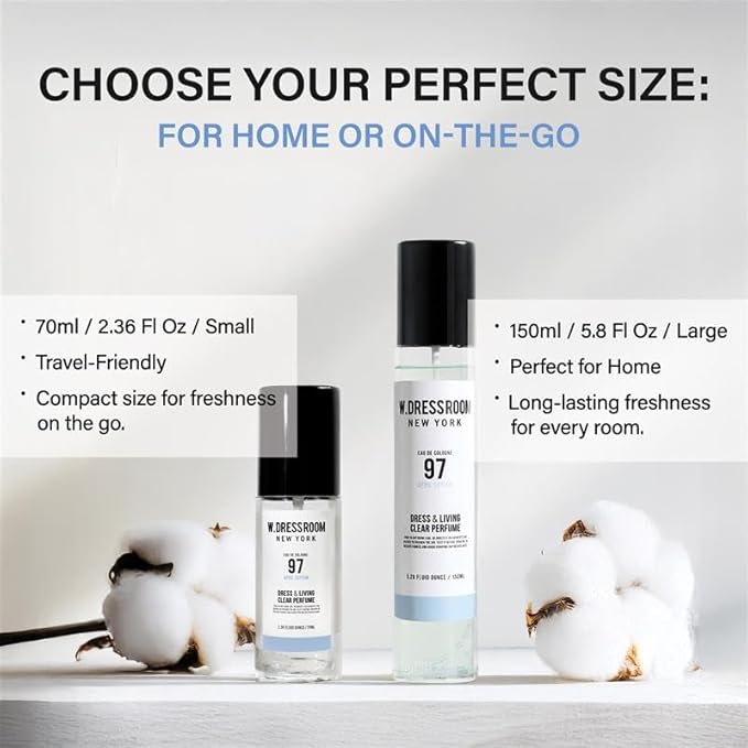 W.Dressroom No.97 April Cotton Living Clear Perfume, Body Mist, Long-Lasting Unisex, Alcohol-Free Water-Based, Spray on Skin, Clothes, Bedding & Car, Travel Size 5.28 oz