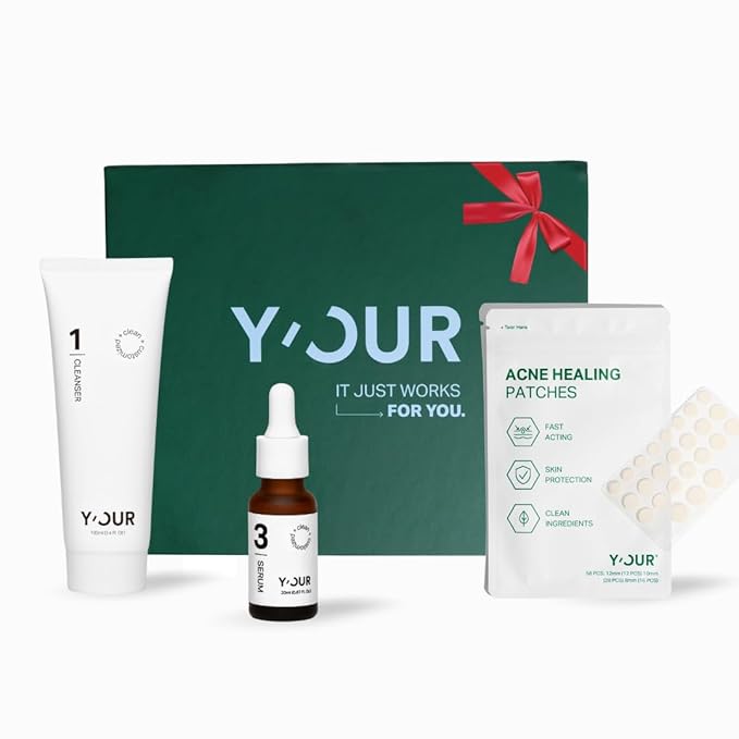 Y’OUR Essential 3-Step Acne Kit: Purifying Cleanser, Anti-Acne Serum & Healing Patches; Pimple Clearing, Pore Minimizing Skincare Routine. Made in USA. Suitable for All Skin Types. Holiday Gift Bundle