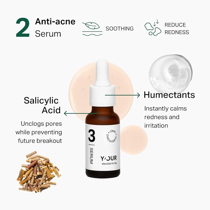 Y’OUR Essential 3-Step Acne Kit: Purifying Cleanser, Anti-Acne Serum & Healing Patches; Pimple Clearing, Pore Minimizing Skincare Routine. Made in USA. Suitable for All Skin Types. Holiday Gift Bundle
