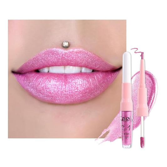 Kaely 2-in-1 Pink Metallic Lipstick and Lip Liner, Shimmer Liquid Metallic Lipsticks for Women, Glitter Lip Gloss Stain Long Lasting Waterproof Smudge Proof 24 Hour, Vegan Makeup, 21