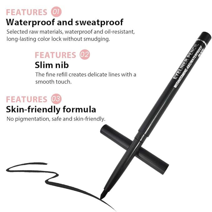 10PCS Black Automatic Waterproof Inner Eyeliner, Eyeshadow & Eyebrow Pencil – Multi-Use Cream Pen for Liner, Shadow & Brows