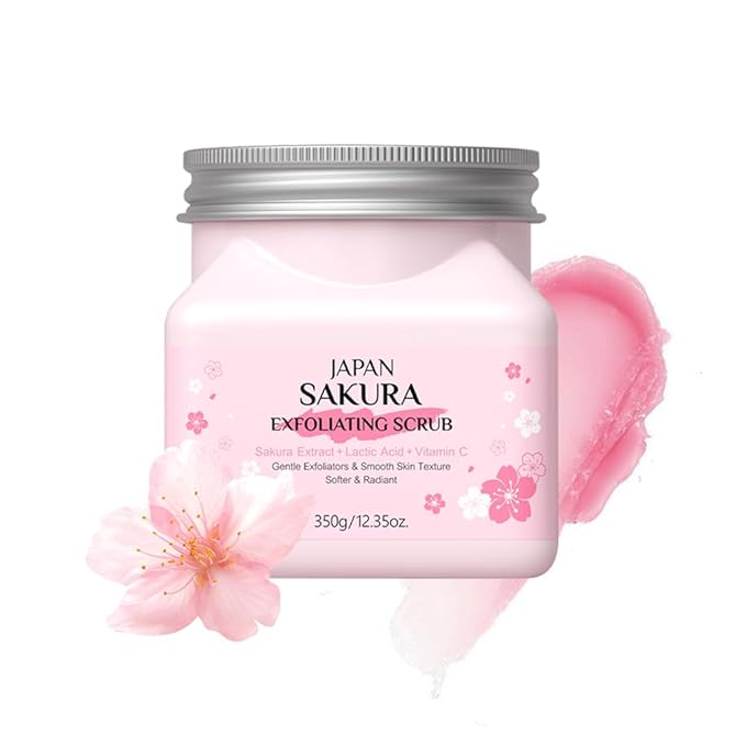 Sakura Exfoliating Scrub for Face and Body,Gentle Sakura Facial Exfoliating Gel-Deep Cleansing,Moisturizing,Smoothing Softening Skin and for All Types Skin,Hydrating Facial Body Scrub,12 Oz