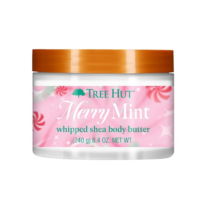 Tree Hut Merry Mint Whipped Shea Body Butter, Long-Lasting Hydration for Soft, Smooth Skin, Nourishing Essential Body Care, Lightweight Moisturizer, Holiday Gift & Stocking Stuffer, 8.4 fl oz