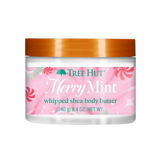Tree Hut Merry Mint Whipped Shea Body Butter, Long-Lasting Hydration for Soft, Smooth Skin, Nourishing Essential Body Care, Lightweight Moisturizer, Holiday Gift & Stocking Stuffer, 8.4 fl oz