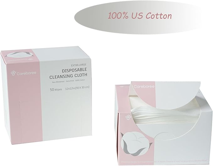 Upgraded Careboree Extra Thick Face Cloth Facial Cleansing Wipes 2 Pack Extra Large Dry Wipes Makeup Remover Cloth Clean Towels Size XL 12"×12" Non-Moistened Disposable Face Towel