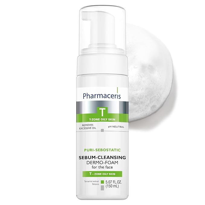 Pharmaceris Sebum Cleansing Foam – Gentle Facial Cleanser Removes Excess Oil, Dirt & Makeup, Helps Unclog Pores, Shine Control Foaming Face Wash for Oily & Sensitive Skin, PURI-SEBOSTATIC, 5.07 fl oz