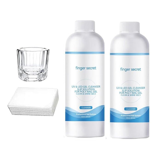 2 PCS Finger Secret Slip Solution For Poly Nail Gel 4oz With Dual-Ended Brush Poly Gel Nail Kit Professional Gel Cleanser for UV & LED Gels.Ideal for Nails DIY Beginners