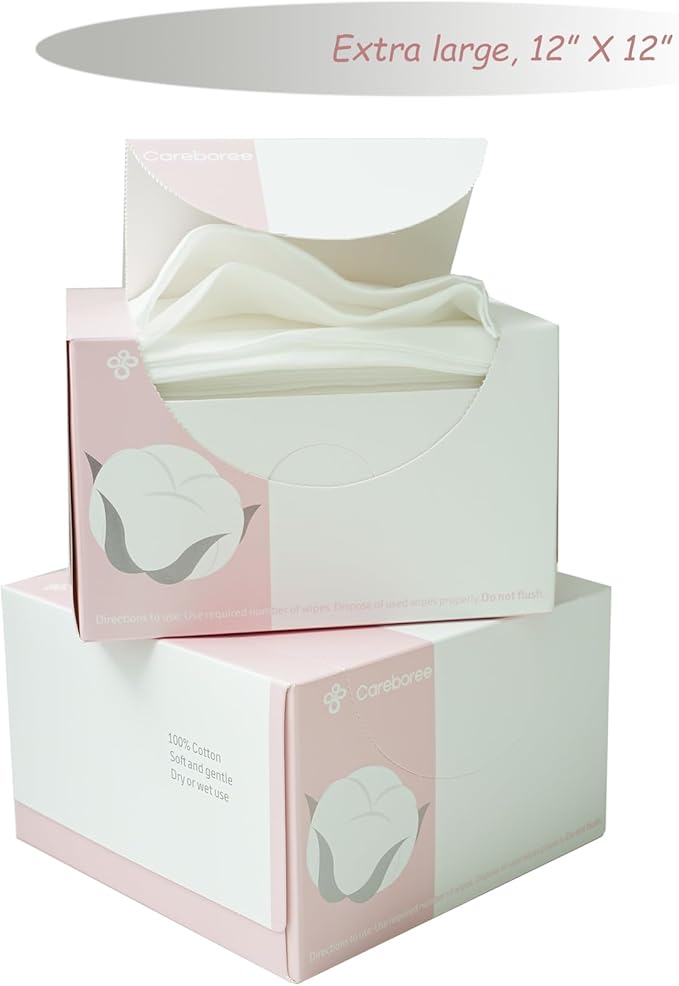 Upgraded Careboree Extra Thick Face Cloth Facial Cleansing Wipes 2 Pack Extra Large Dry Wipes Makeup Remover Cloth Clean Towels Size XL 12"×12" Non-Moistened Disposable Face Towel