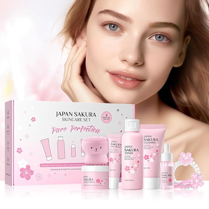 8 Pcs SakuraSkincare Set Complete Facial Care with Vitamin C, Includes Cleanser, TonerSerum, Eye Cream, Essence Cream, Sakura hairpin, Sakura hair rope, Pink octopus face wash massager
