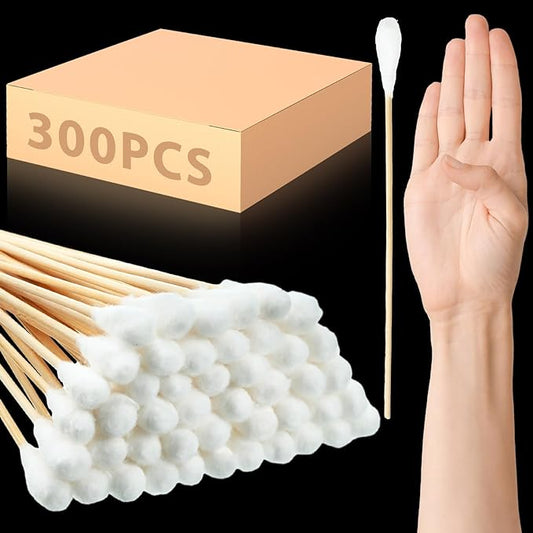 Zhehao 300 Pcs 8 Inch Large Cotton Swabs with Bamboo Handle Oversized Extra Long Cotton Tipped Applicators with Large 1/2" Diameter Ear Swabs for Wound Cleaning, Makeup