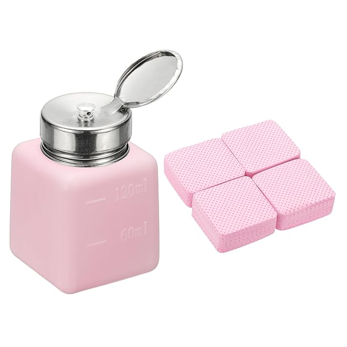 YOKIVE Alcohol Dispenser, 120ml(4oz) Pump Dispenser Bottle Push Down for Nail Polish Remover Acetone Cleanser with 200Pcs Lint Free Nail Wipes, Pink(Splash-proof Pump Head)