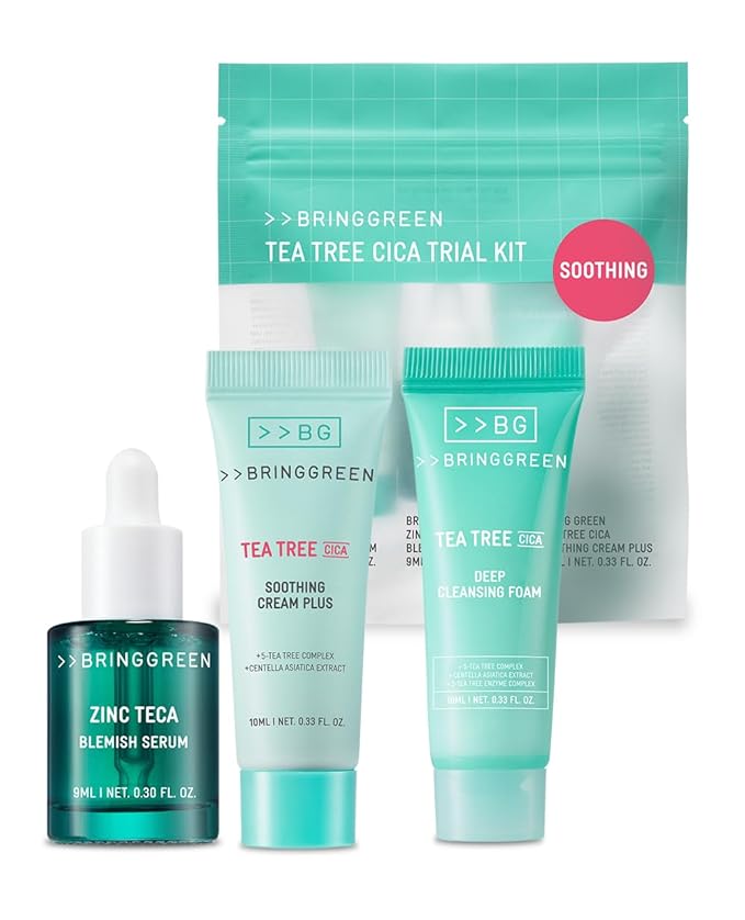 BRING GREEN TEA TREE CICA TRIAL KIT | Travel Size Korean Skin Care Set for Acne-Prone, Sensitive Skin | Zinc Teca Serum, Tea Tree Cica Moisturizer & Deep Cleansing Foam | Hydrating & Oil Control