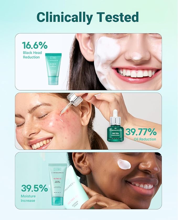BRING GREEN TEA TREE CICA SET | Korean Skin Care Kit for Acne-Prone, Sensitive Skin | Zinc Teca Serum, Tea Tree Hydrating Moisturizer & Deep Cleansing Foam | Oil Control & Pore Care | K-Beauty Gift