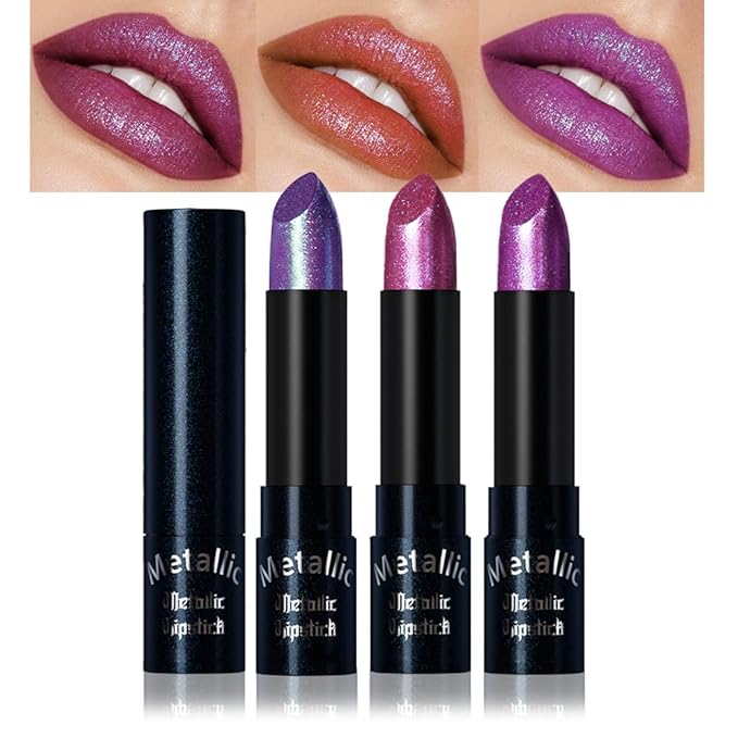 3Pcs Metallic Lipstick for Women,Lightweight Non-Drying Shimmer Frosted Lipsticks Kit Set,Glitter Lip Gloss Stain Long Lasting Waterproof No Smudge Proof No Transfer 12 Hour,Cruelty-Free Makeup (D)