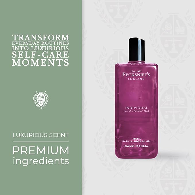 Pecksniff's Men's Individual Bath & Shower Gel Body Wash 500ml - Luxurious Lavender, Patchouli & Musk Scent - Nourishing & Hydrating Formula for All Skin Types