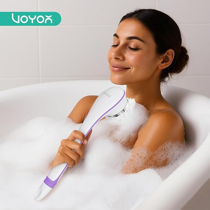 VOYOR Electric Body Brush Back Scrubber for Shower Rechargeable Exfoliating Bath Brush Powered Shower Brush with Non-Slip Long Handle Deep Cleansing, Exfoliation, Massaging Spin Brush BC100 (Purple)