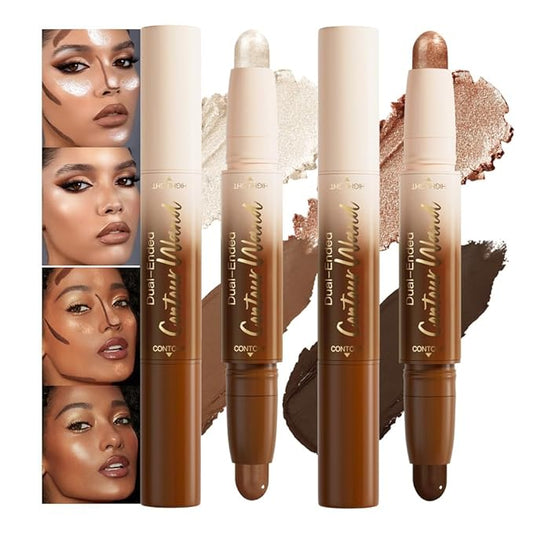 2Pcs Contour Stick Dual Ended Face Body Makeup Waterproof no Transfer, 2 in 1 Cream Concealer Stick Contouring Makeup Kit, Nose Contour Bronzer Sticks Face Highlighter Make up 25#+26#