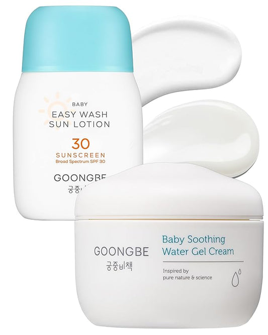 GOONGBE Baby Easy Wash Sun Lotion SPF 30 & Soothing Water Gel Cream - Korean Zinc Oxide Mineral Sunscreen & Cooling Moisturizer - Vegan Hypoallergenic for Ages 0-3, Lotion 2.11oz & Gel Cream 3.38oz