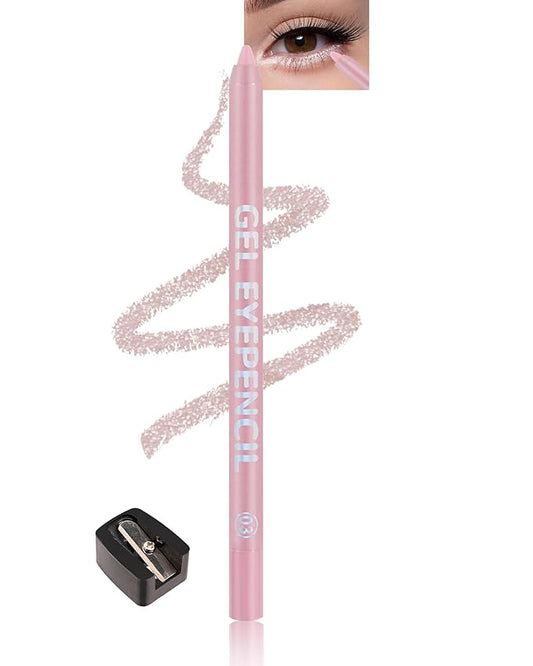 Waterline Gel Eyeliner Pencil, Light Pink Shimmer Waterproof Long Lasting Eye Liner Pencils with Sharpener, Highly Pigmented Hypoallergenic Cream Glitter Eyeliner Brightener Pen Makeup for Women-03