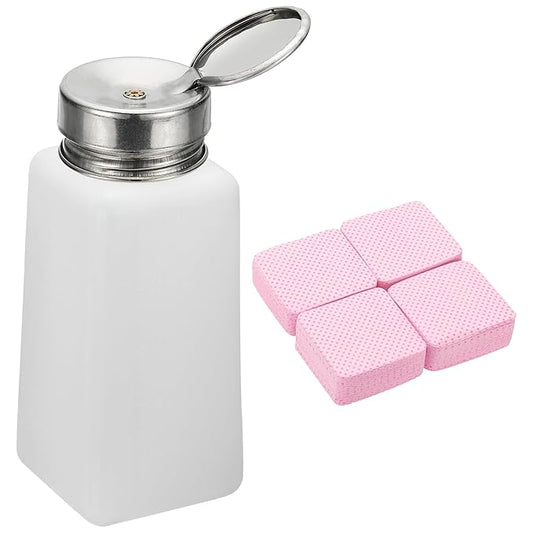 YOKIVE Alcohol Dispenser, 250ml(8.5oz) Pump Dispenser Bottle Push Down for Eye Makeup Nail Polish Remover Acetone Cleanser with 200Pcs Lint Free Nail Wipes, White