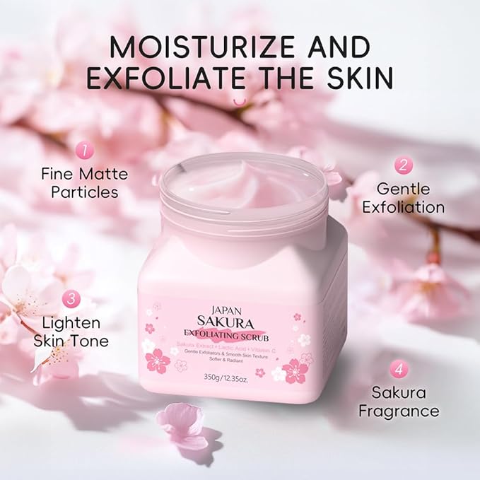 Sakura Exfoliating Scrub for Face and Body,Gentle Sakura Facial Exfoliating Gel-Deep Cleansing,Moisturizing,Smoothing Softening Skin and for All Types Skin,Hydrating Facial Body Scrub,12 Oz