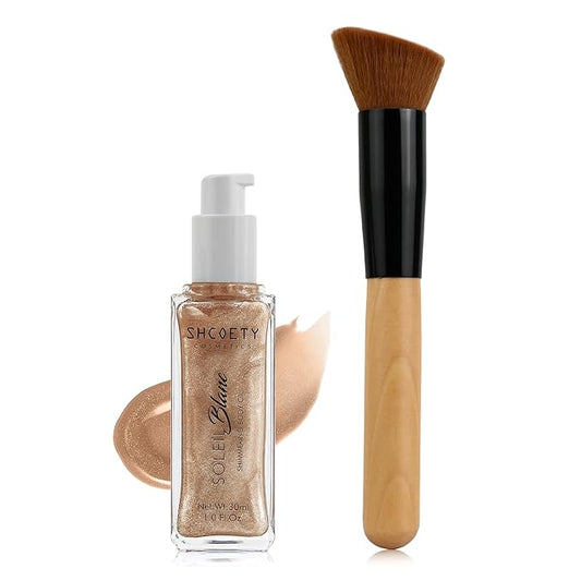 Shimmer Body Oil with Brush, Portable Long Lasting Body Glow Oil for Body & Face, Waterproof & Natural Moisturizing Liquid Highlighter Makeup for All Skin, Travel, Wedding, Party, Rose Gold