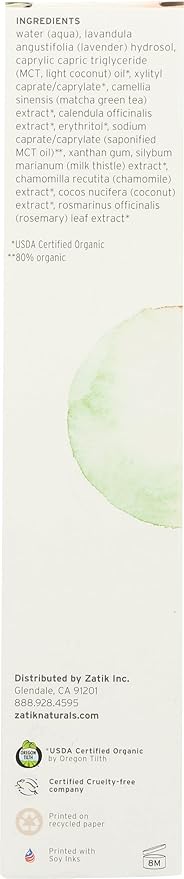 Zatik Naturals - Clarity Cleanser - with Coconut Milk and Matcha - USDA Organic, for Dry Skin, Vegan Non-GMO, Free of Gluten, Soy and Alcohol, pH Balanced, Biodegradable, 3.4 fl oz (100 mL)