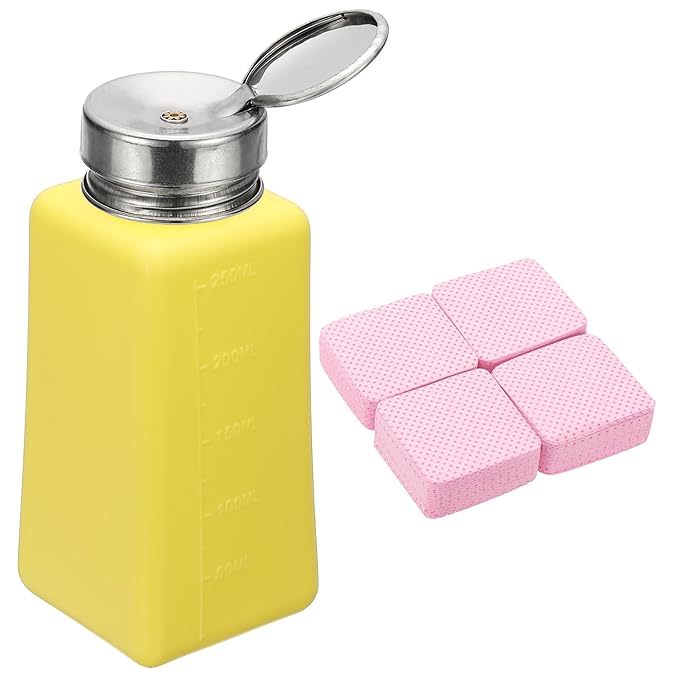 YOKIVE Alcohol Dispenser, 250ml(8.5oz) Pump Dispenser Bottle Push Down for Eye Makeup Nail Polish Remover Acetone Cleanser with 200Pcs Lint Free Nail Wipes, Yellow