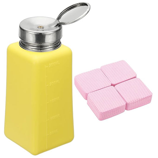 YOKIVE Alcohol Dispenser, 250ml(8.5oz) Pump Dispenser Bottle Push Down for Eye Makeup Nail Polish Remover Acetone Cleanser with 200Pcs Lint Free Nail Wipes, Yellow