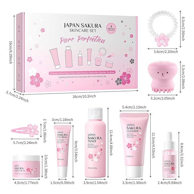 8 Pcs SakuraSkincare Set Complete Facial Care with Vitamin C, Includes Cleanser, TonerSerum, Eye Cream, Essence Cream, Sakura hairpin, Sakura hair rope, Pink octopus face wash massager