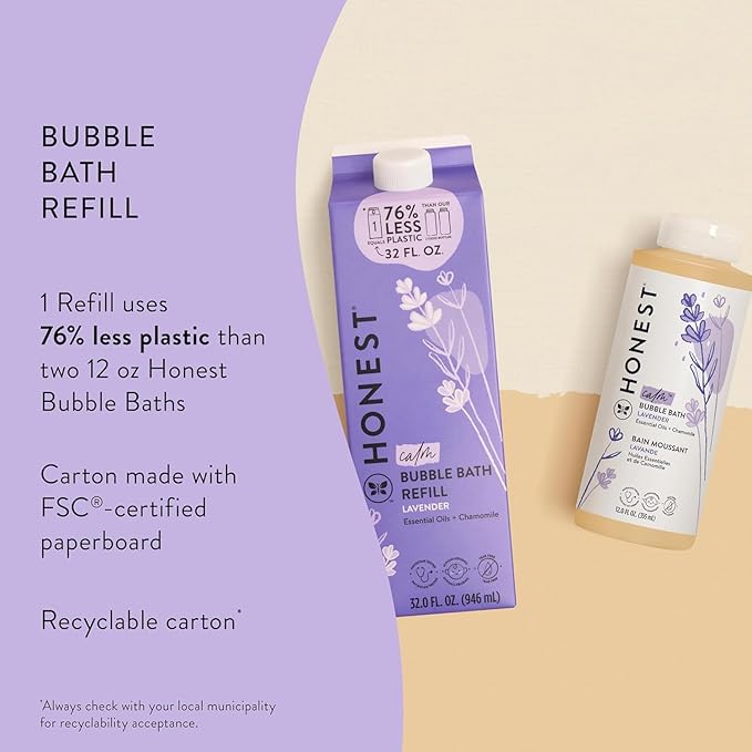 The Honest Company Foaming Bubble Bath Refill Carton Gentle for Baby Naturally Derived Tear-Free Hypoallergenic Lavender Calm 32 fl oz