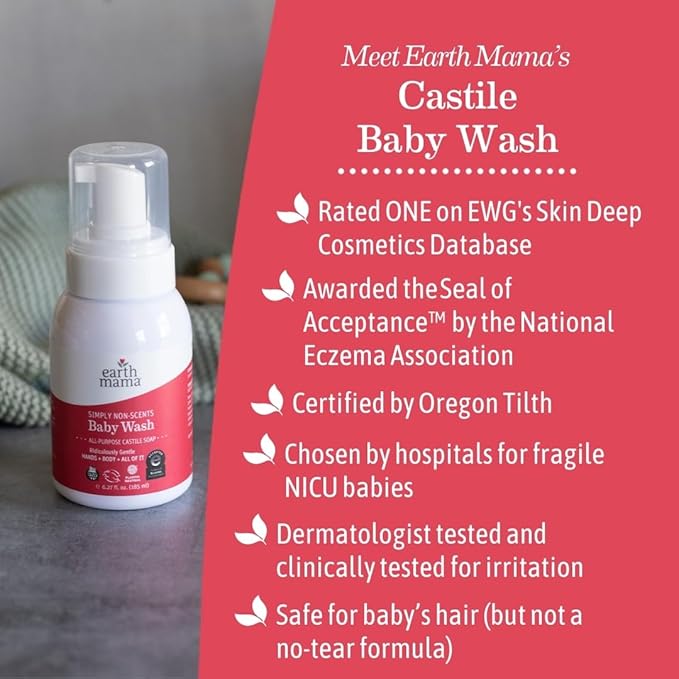 Earth Mama Baby Wash Liquid Foaming Hand Soap, Organic All-Purpose Body Wash for Sensitive Skin, Castile Soap with Coconut Oil, Shea Butter, Calendula, & Aloe, Unscented, 6.27 Fl Oz (Pack of 1)
