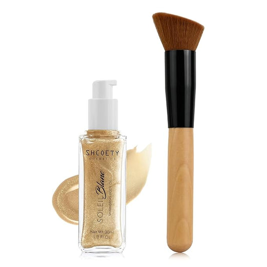 Shimmer Body Oil with Brush, Portable Long Lasting Body Glow Oil for Body & Face, Waterproof & Natural Moisturizing Liquid Highlighter Makeup for All Skin, Travel, Wedding, Party, Light Gold