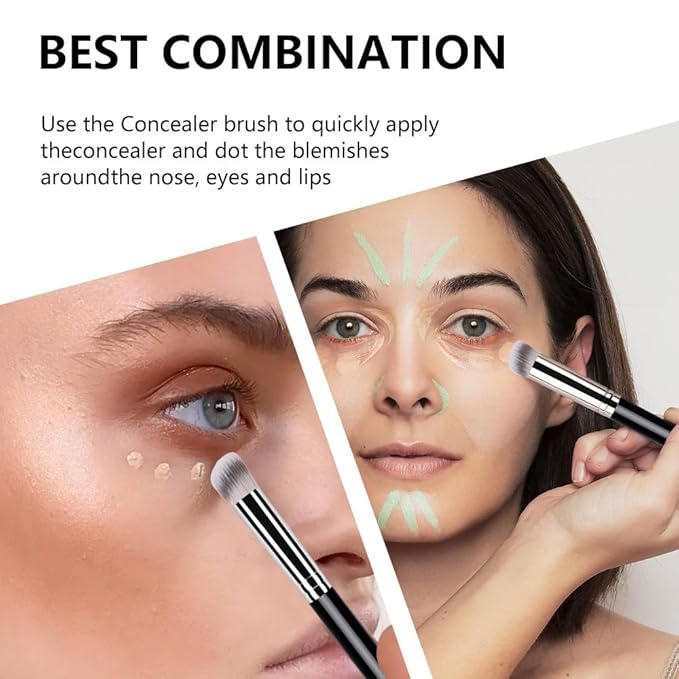 2Pcs Concealer Brush Set, Dense Mini Angled Kabuki Makeup Brush for Blending Under Eye Concealer, Detailed Nose Contour Setting Powder, Foundation & Eyeshadow, 270+370